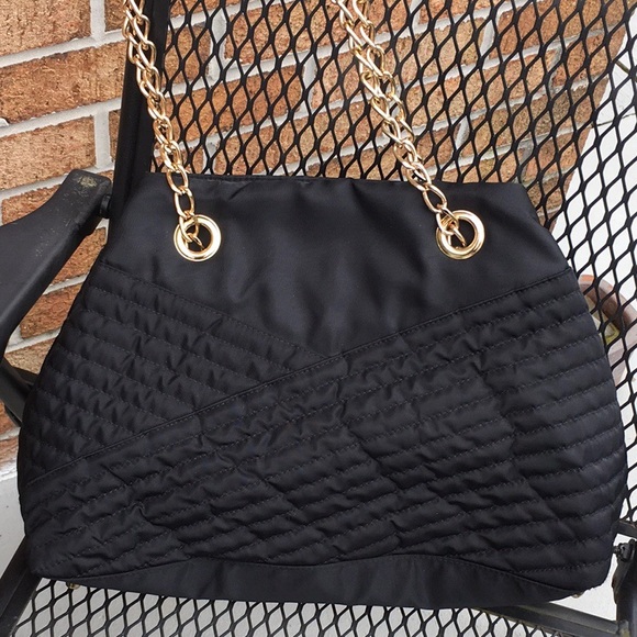 Black Quilted Fabric Bag With Gold Chain